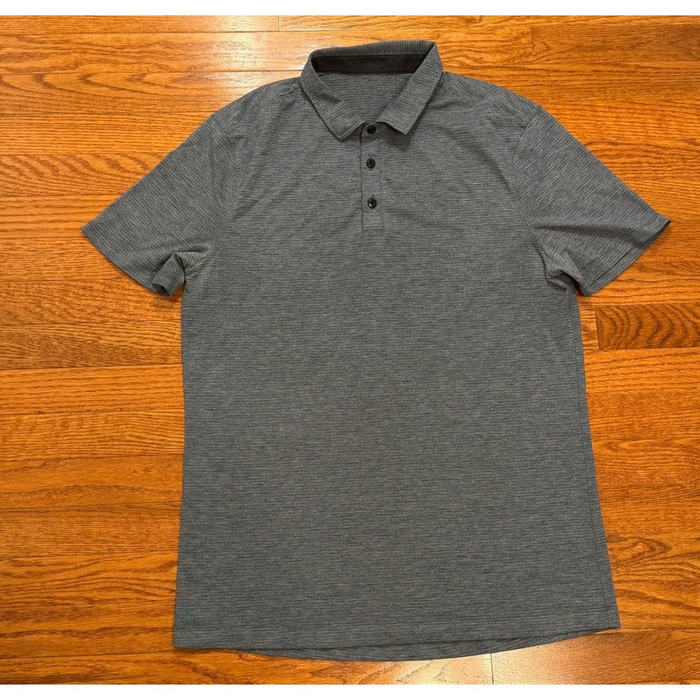 Lululemon Evolution Polo Golf Shirt Mens Medium Gray Blue Striped Active Stretch